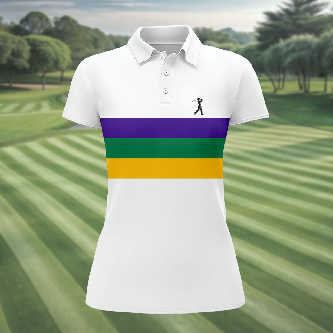 Mardi Gras Purple Green Gold Horizontal Stripes White Golf Shirt, Women's Golf Shirts, Ladies Golf Polos