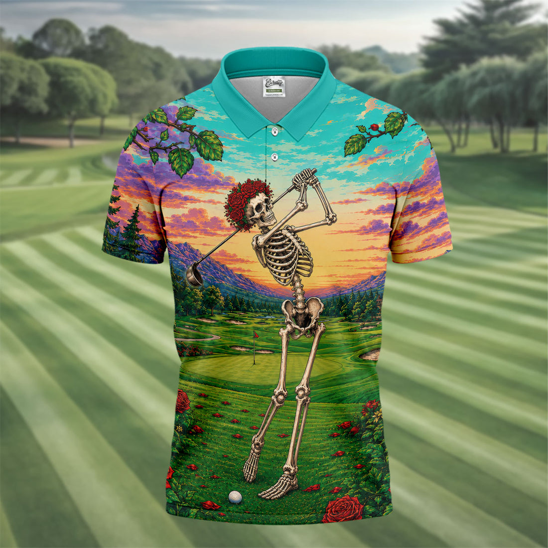 Skeleton Golfer Sunset Golf Course Shirt, Mens Golf Apparel, Halloween Golf Shirt