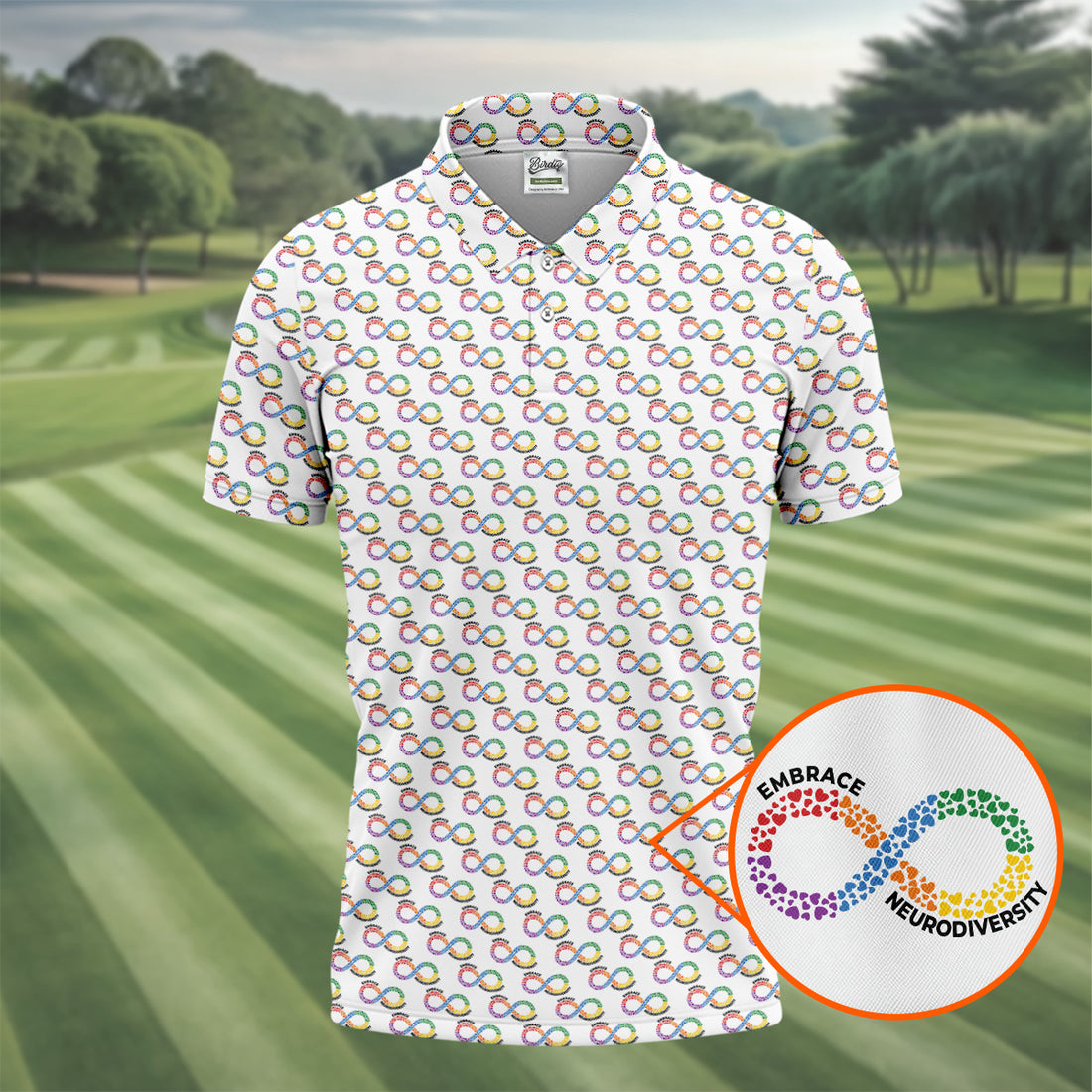Embrace Neurodiversity Rainbow Infinity Symbol Autism Awareness White Golf Shirt, Golf Shirts For Men