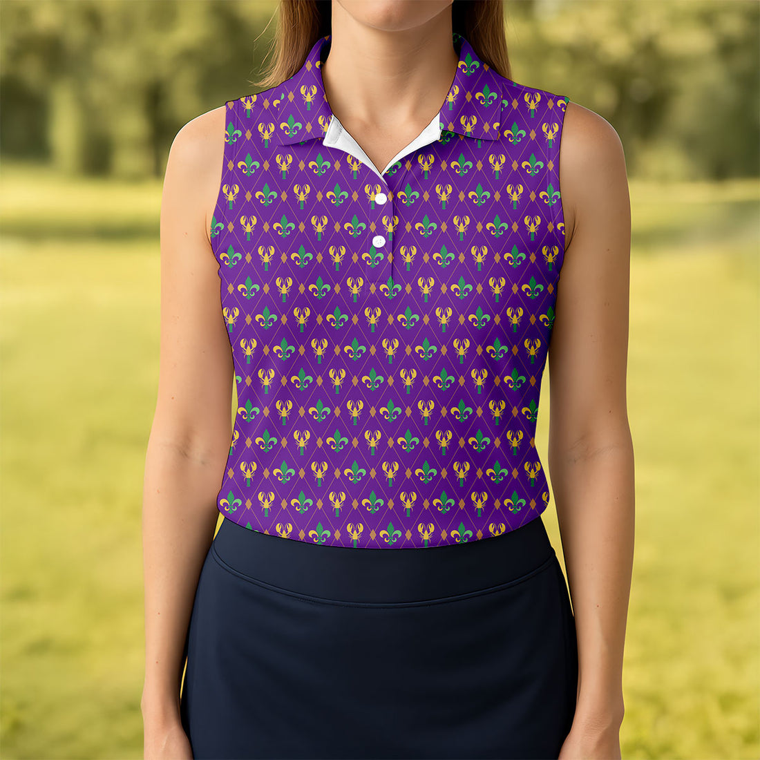 Crawfish Fleur De Lis Argyle Pattern Mardi Gras Golf Shirt, Women's Golf Tops, Ladies Golf Polos