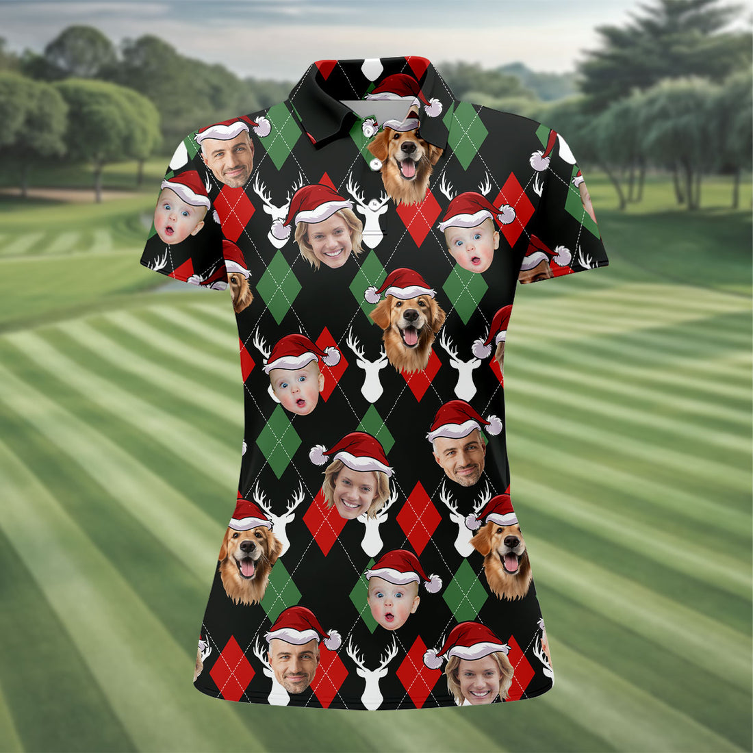Custom Face Red And Green Argyle Pattern Christmas Women's Golf Tops, Ladies Golf Shirts, Christmas Golf Gift