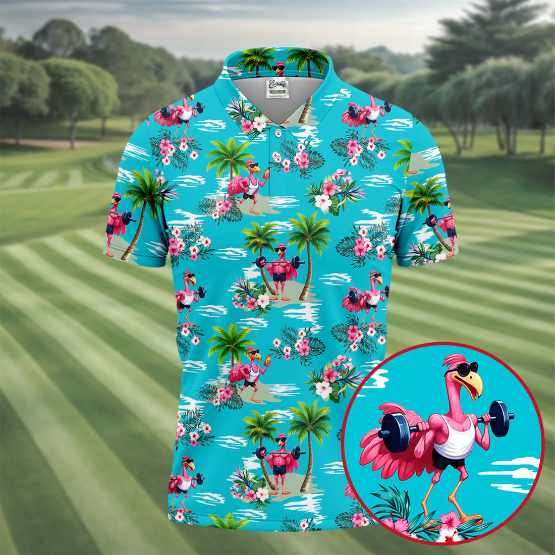 Funny Weightlifting Flamingo Tropical Hawaiian Golf Shirt, Mens Golf Polo, Printed Golf Shirts