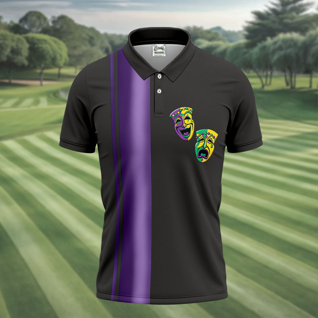 Melpomene And Thalia Theatrical Masks Purple Stripe Mardi Gras Golf Shirt, Polo Shirts For Men, Golf Shirts For Men