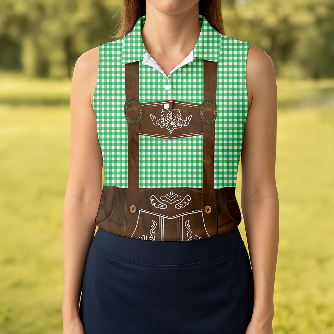 Women's Green Oktoberfest Lederhosen Illusion Sleeveless Golf Polo, Ladies Golf Top, Golf Polo For Women