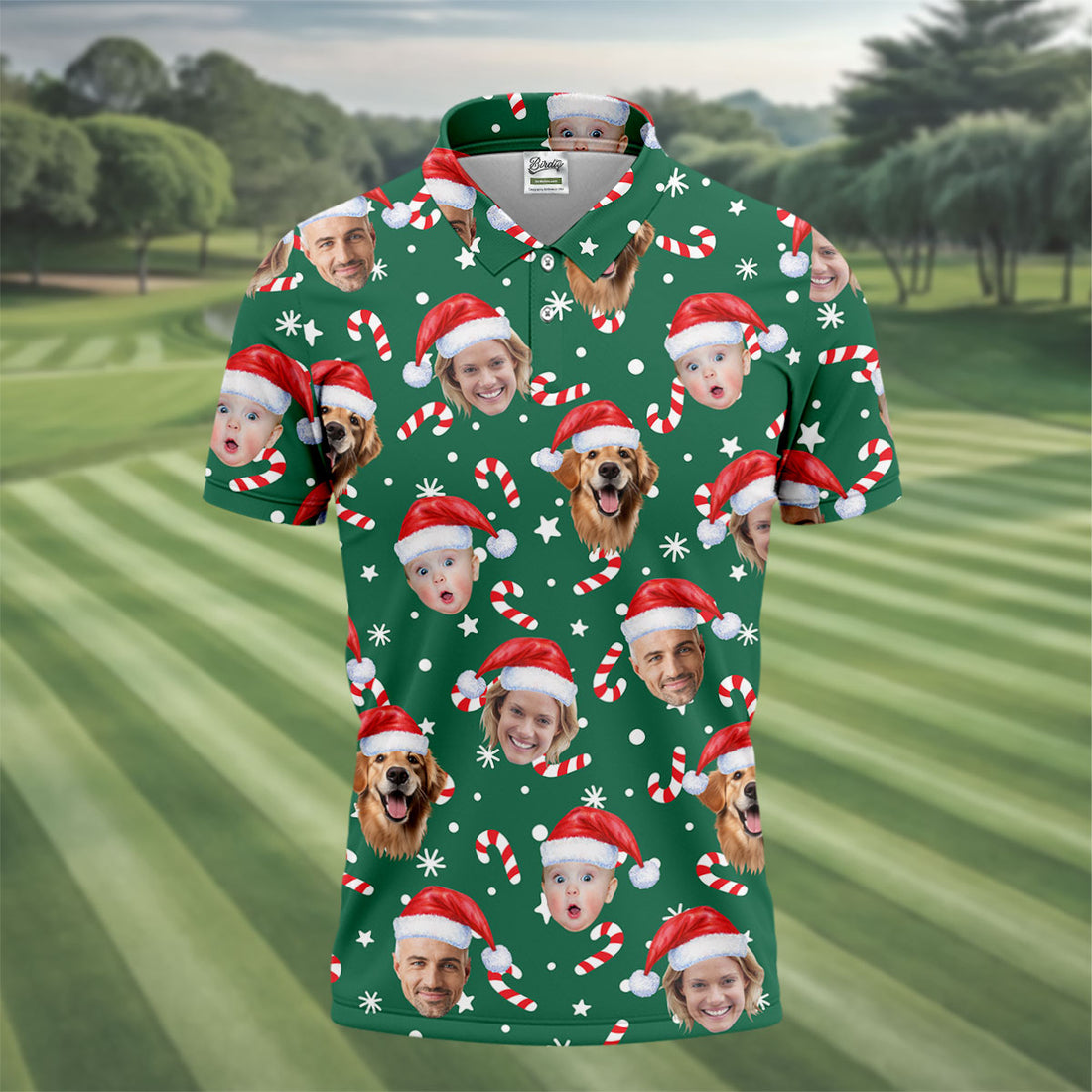Custom Face Candy Cane Pattern Green Golf Shirt, Christmas Golf Shirt, Polo Shirts For Men, Golf Gift For Men