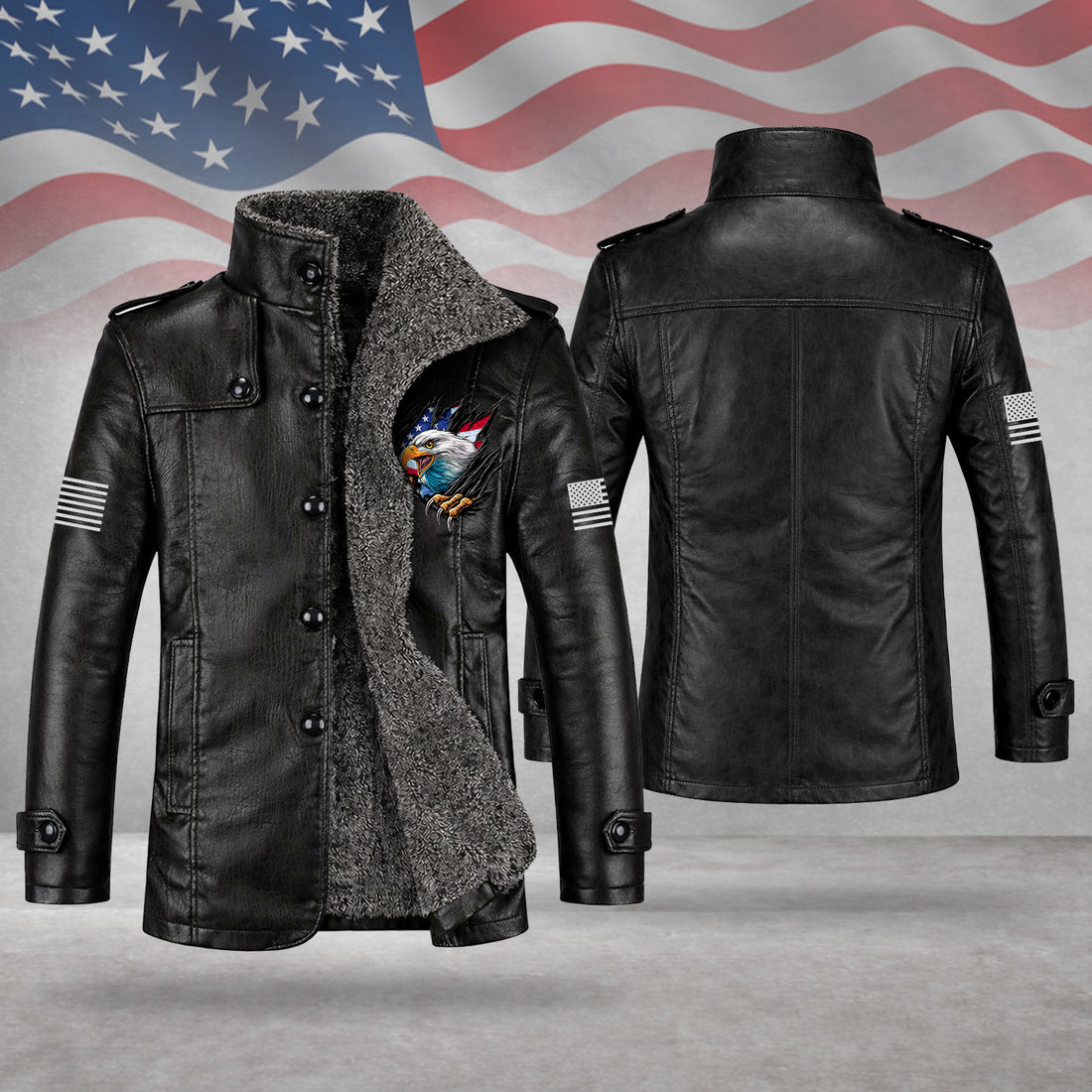250 Years Bald Eagle And US Flag Men's Cold Premium Weather Jacket, Leather Trench Coat