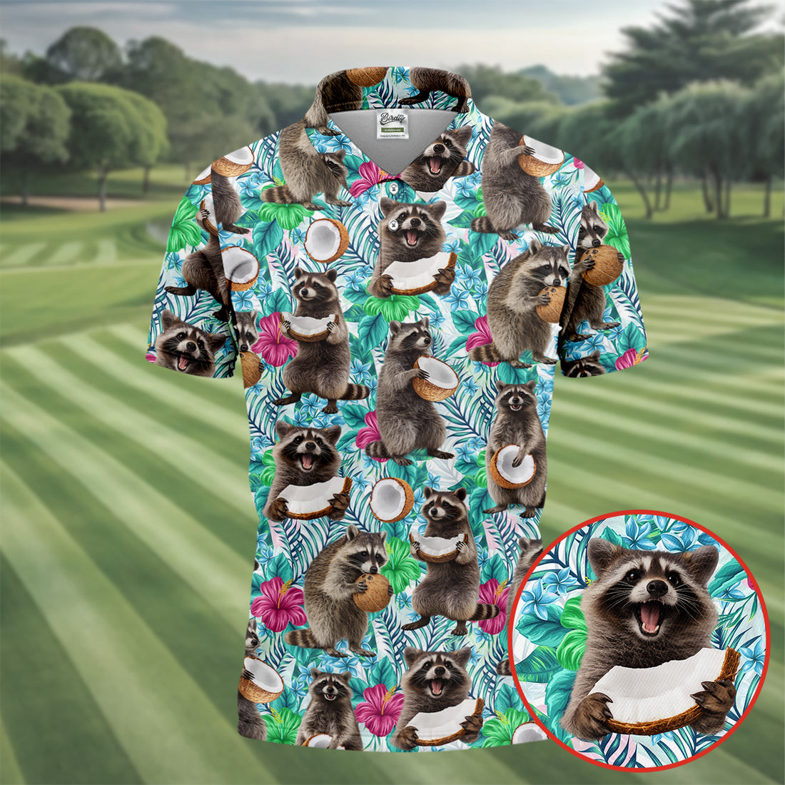 Funny Raccoons Enjoying Coconuts Design Design Hawaiian Golf Polo, Golf Tops For Men, Golfing Apparel
