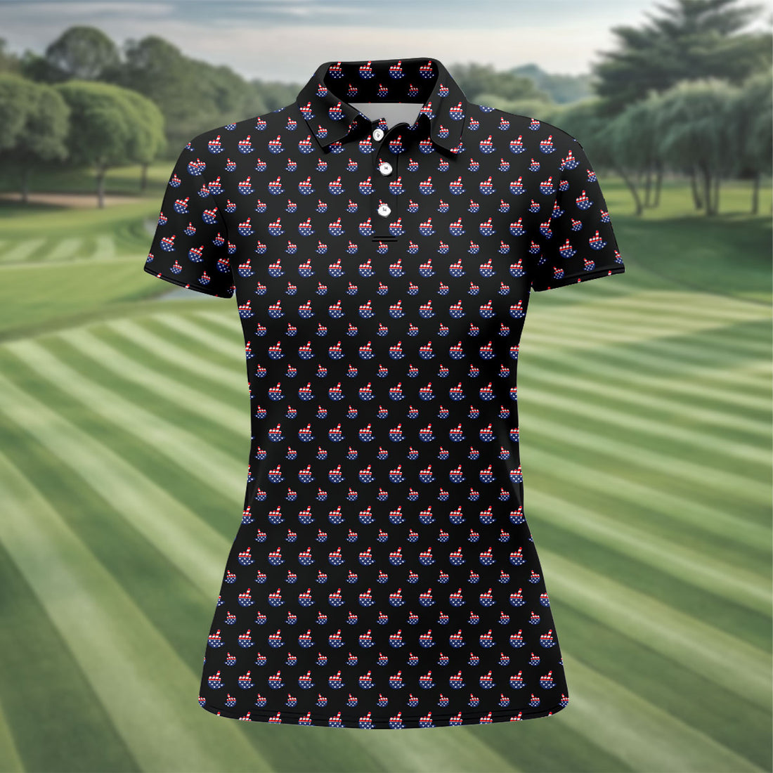 Funny Middle finger US Flag Pattern 250th Anniversary Black Golf Shirt, 4th Of July Women Golf Top