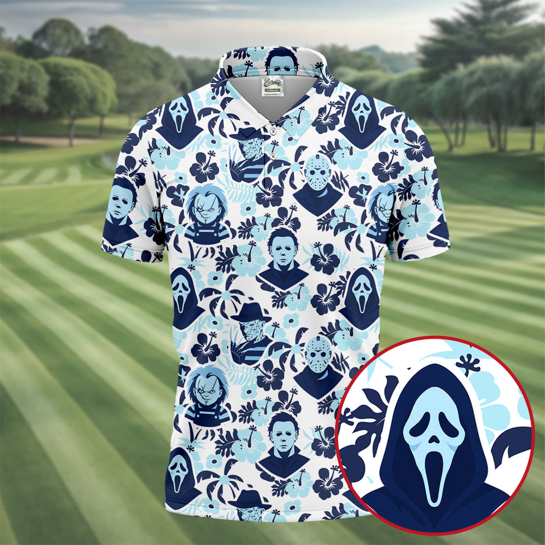 Blue Tropical Horror Character Halloween Golf Shirt, Mens Golf Apparel, Hawaiian Golf Shirt