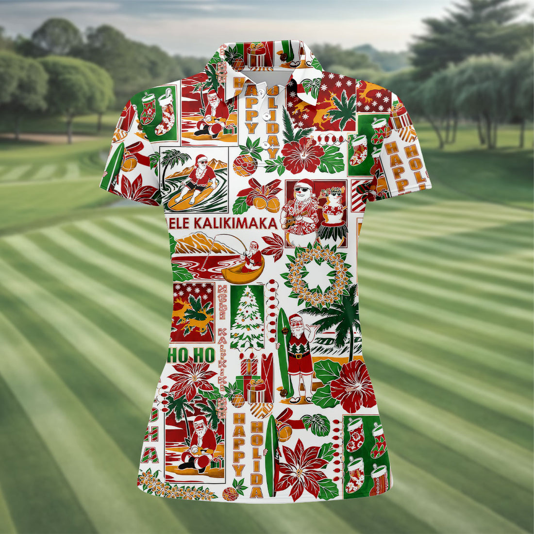 Women's Mele Kalikimaka Hawaiian Christmas Golf Shirt, Tropical Santa Holiday Golf Shirt, Women’s Golf Polo
