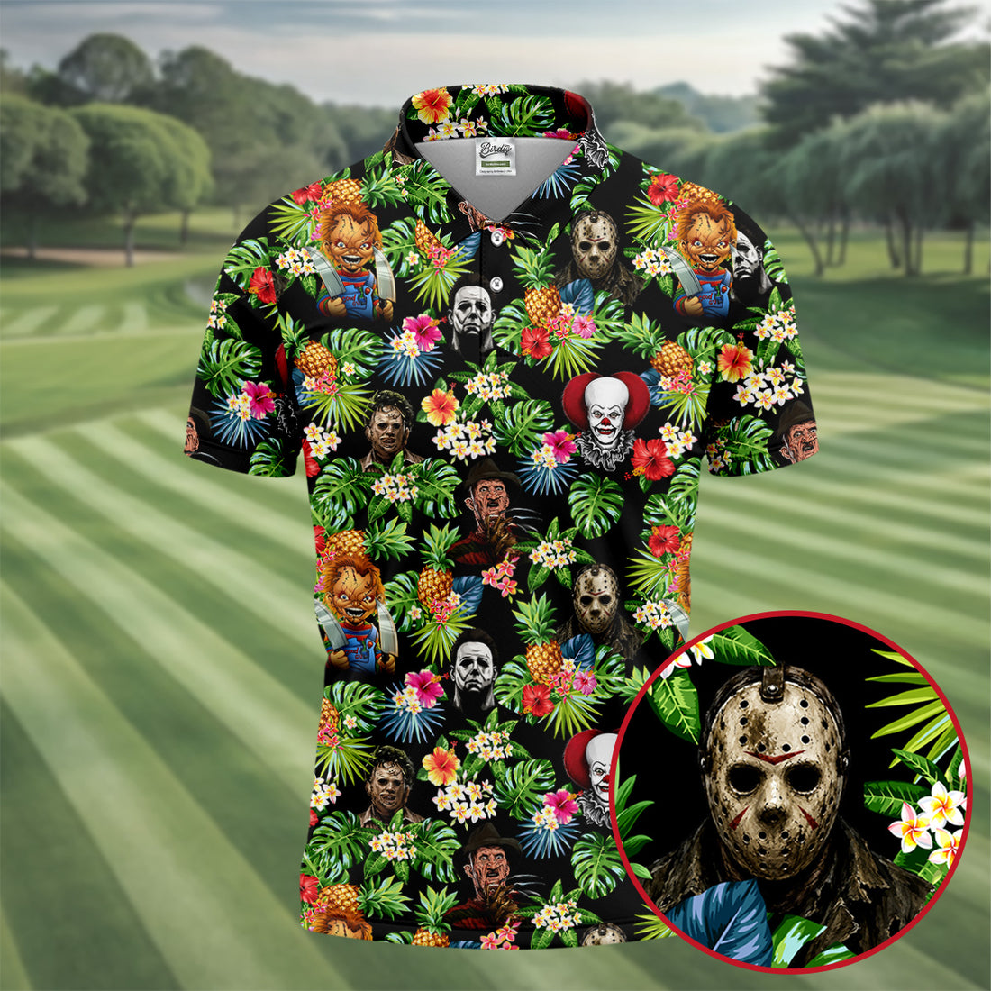 Tropical Horror Character Halloween Golf Shirt, Mens Golf Apparel, Printed Golf Shirt