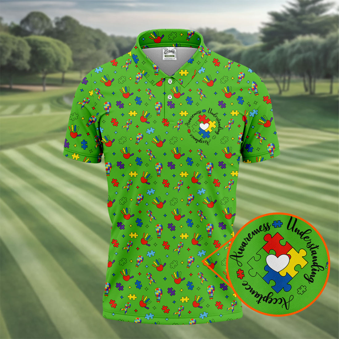 Awareness Understanding Acceptance Autism Ribbon Green Golf Shirt, Autism Awareness Colors Golf Shirts For Men