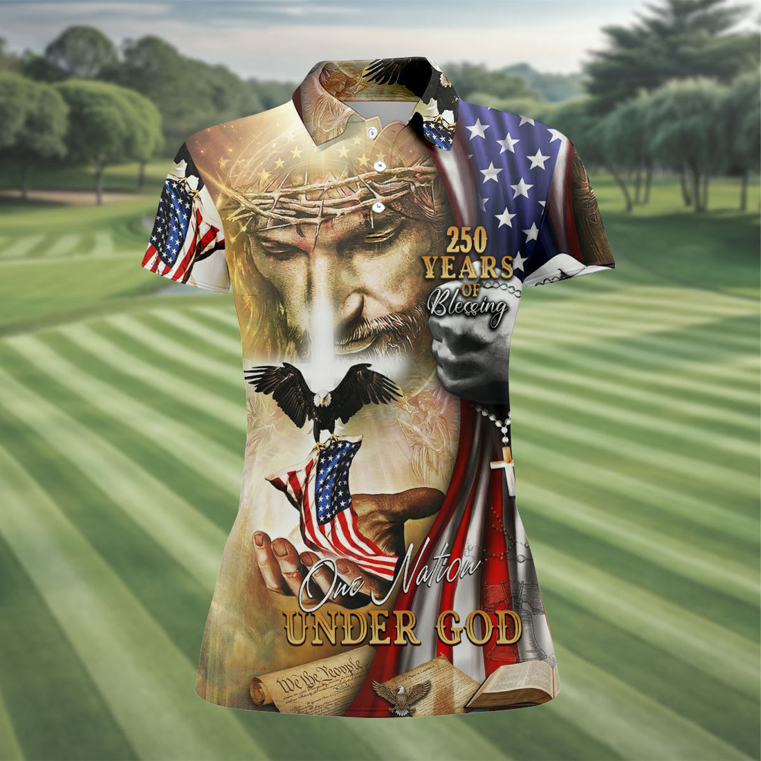 America 250 Years of Blessing Golf Shirt for Women, Jesus Crown of Thorns Bald Eagle US Flag Design, Patriotic One Nation Under God Golfing Apparel