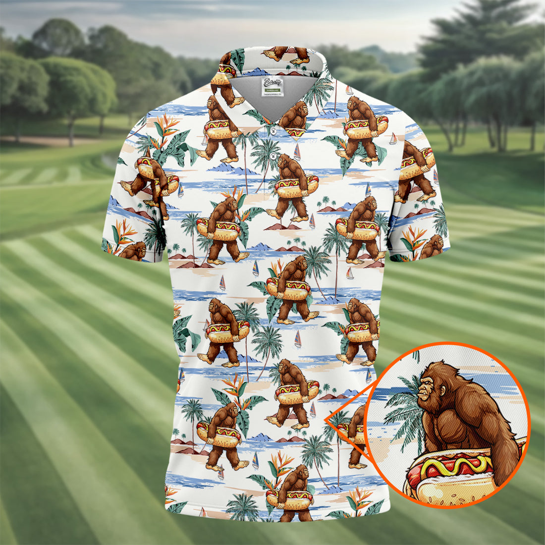 Bigfoot Hot Dog Beach Hawaiian Shirt, Mens Golf Polo, Hawaiian Golf Shirt, Golf Apparel For Men