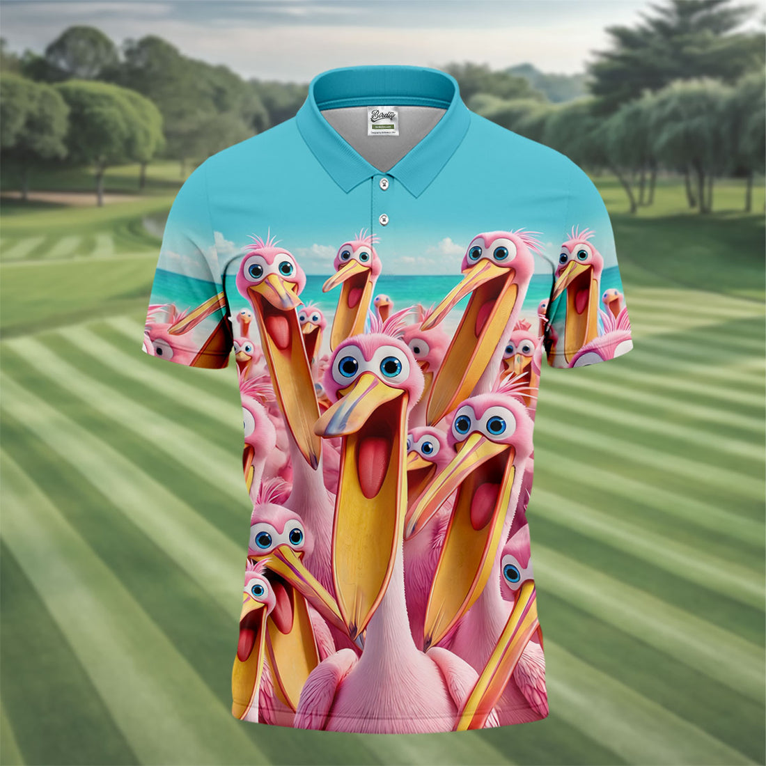 Funny Pink Pelican Beach Crowd Design Hawaiian Golf Shirt, Golf Shirts For Men, Polo Shirts For Men
