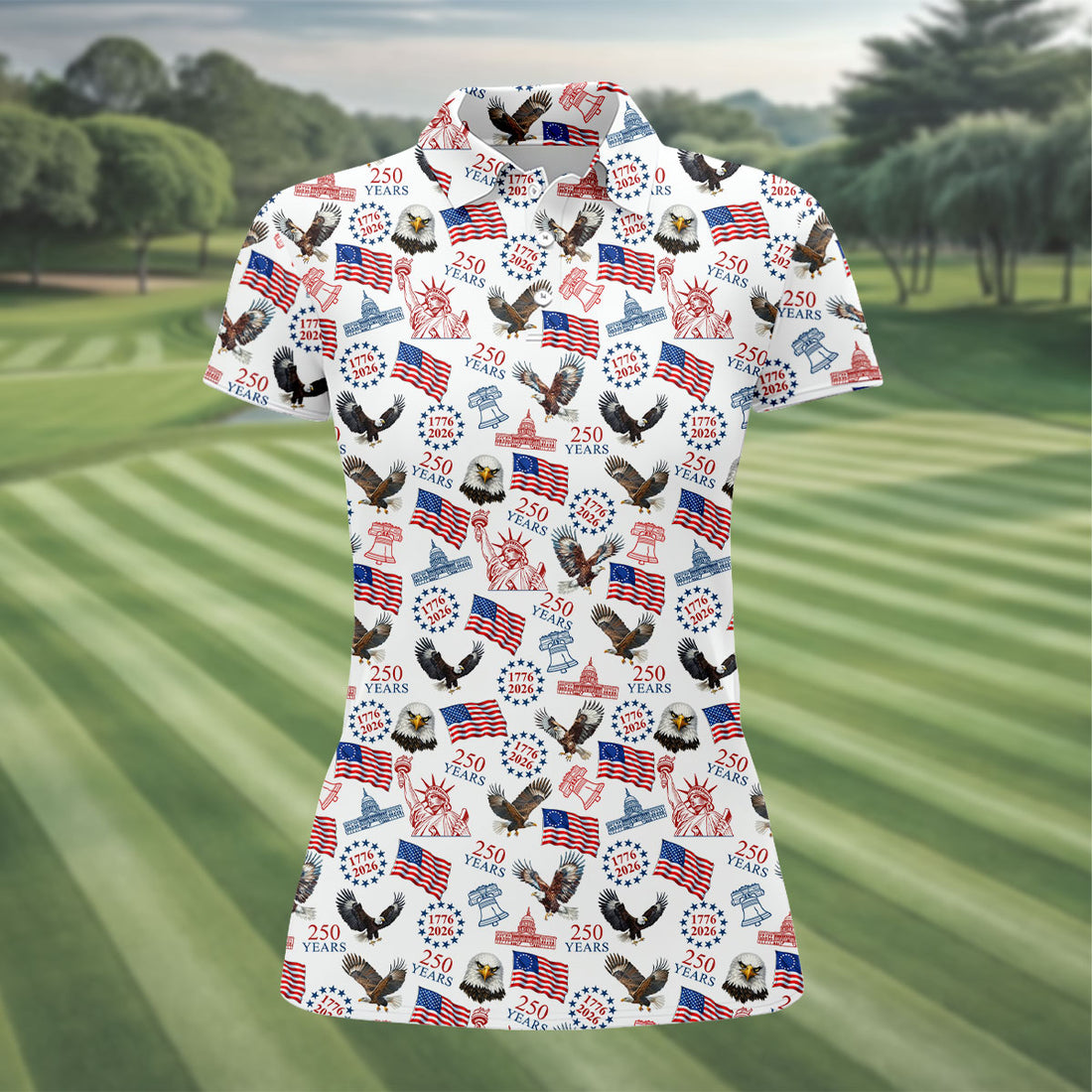 250 Years American Symbol Patriotic Pattern White Golf Shirt, 4th Of July Golf Shirt, Golf Shirt For Women