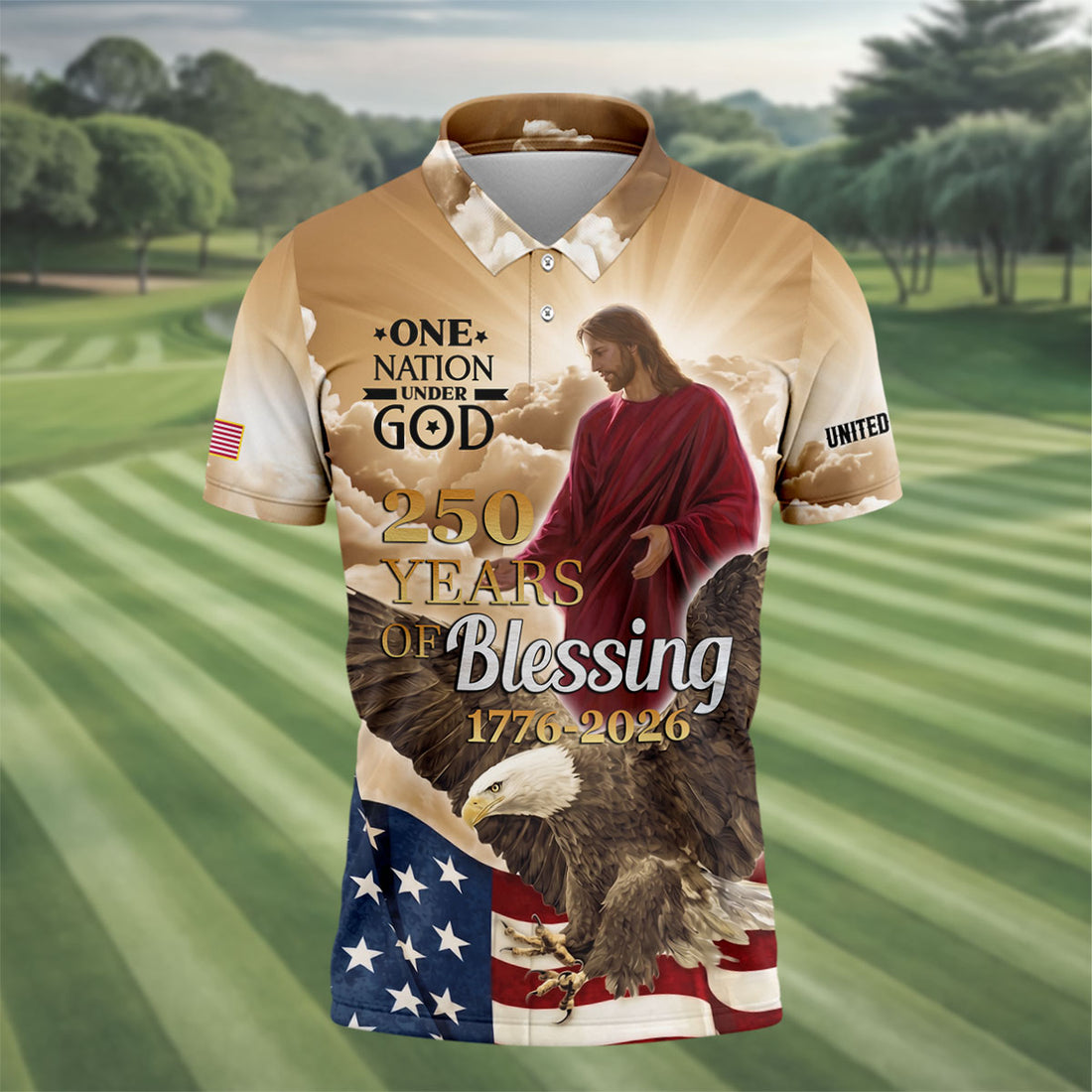 One Nation Under God Men's 250 Years USA Patriotic Golf Shirt, 4th of July Golf Shirt