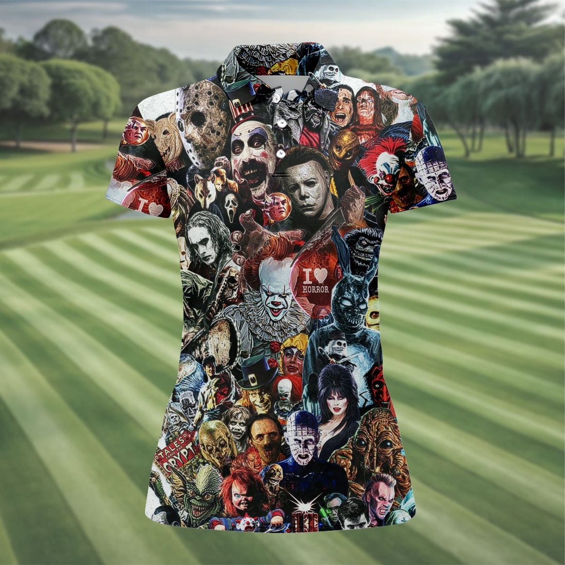 Classic Horror Icons Collage Halloween Golf Shirt, Women’s Golf Polo, Printed Golf Shirt