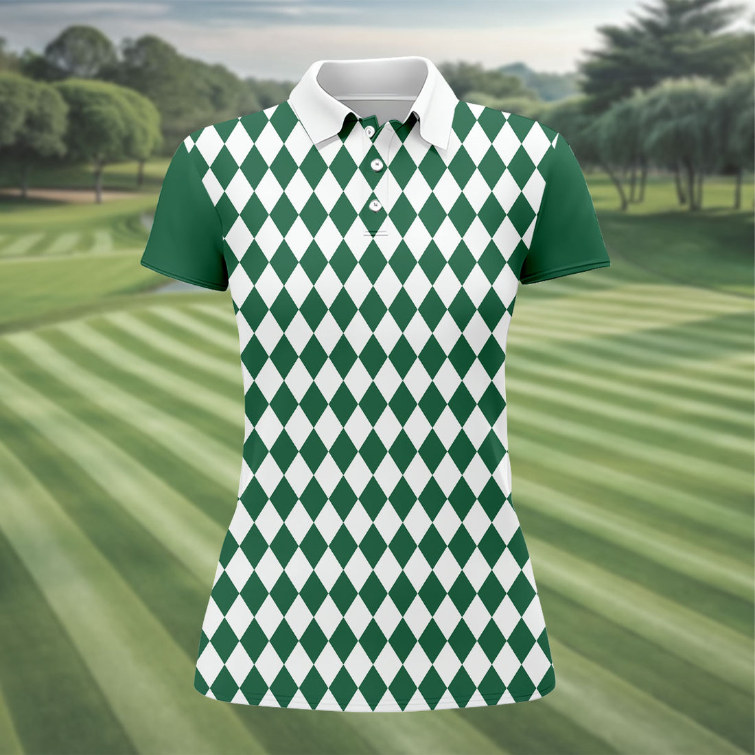 Green And White Argyle Pattern Retro Golf Shirt, Women's Golf Tops, Ladies Golf Polos, Ladies Golf Shirts