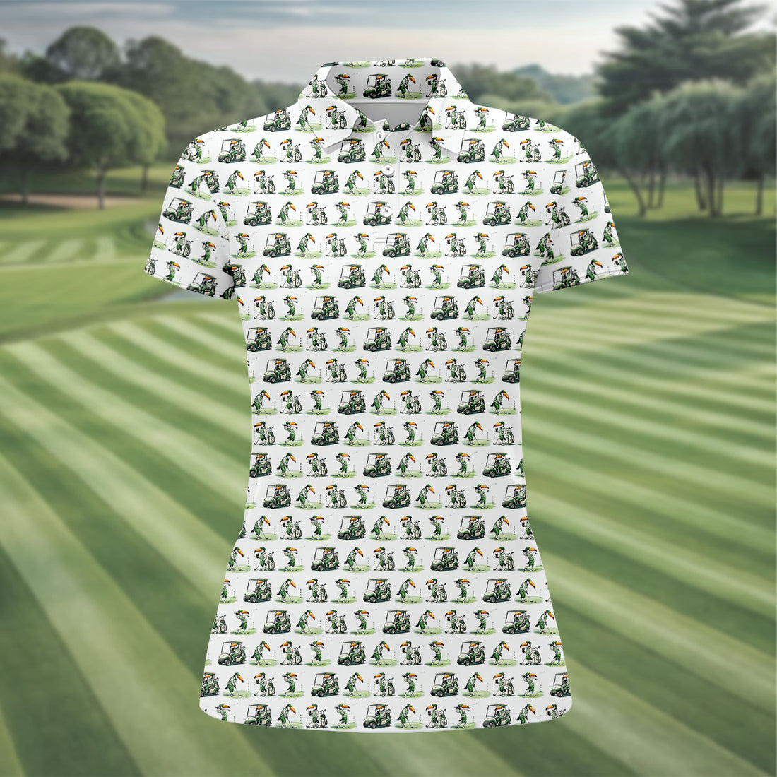 Funny Toucan Golf Pose White And Green Ladies Golf Tops, Fun Women's Golf Shirts, Golf Shirt For Women