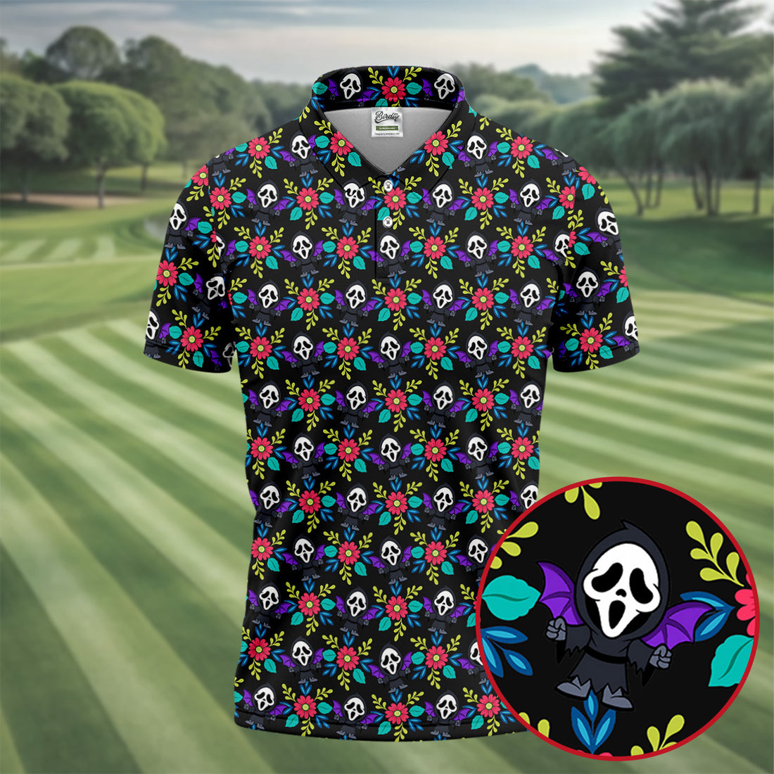 Floral Horror Character Halloween Polo Shirt, Halloween Shirts For Men, Mens Golf Polo