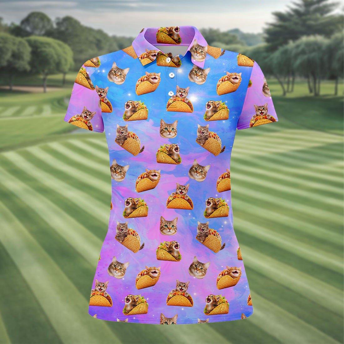 Funny Taco Cat Galaxy Pattern Golf Shirt, Women’s Golf Apparel, Ladies Golf Shirt