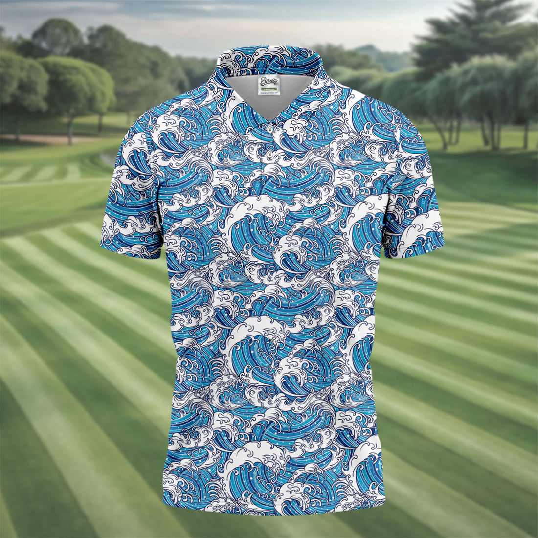 Blue Ocean Wave Pattern Golf Shirt, Hawaiian Golf Shirt, Mens Golf Shirts, Golf Apparel For Men