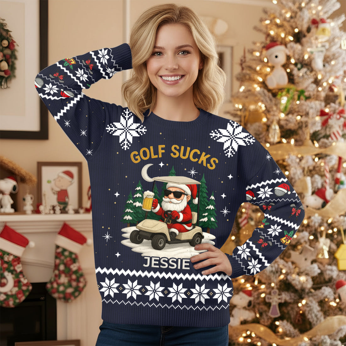 Golf Sucks Santa Claus With Beer Vintage Print Ugly Sweater, Christmas Golf Shirt, Golf Sweater