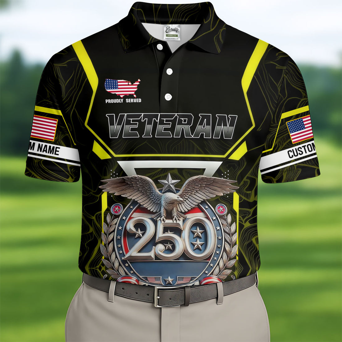 Personalized Veteran America 250 Polo Shirt Yellow Accent, Golf Shirts For Men, Mens Golf Apparel