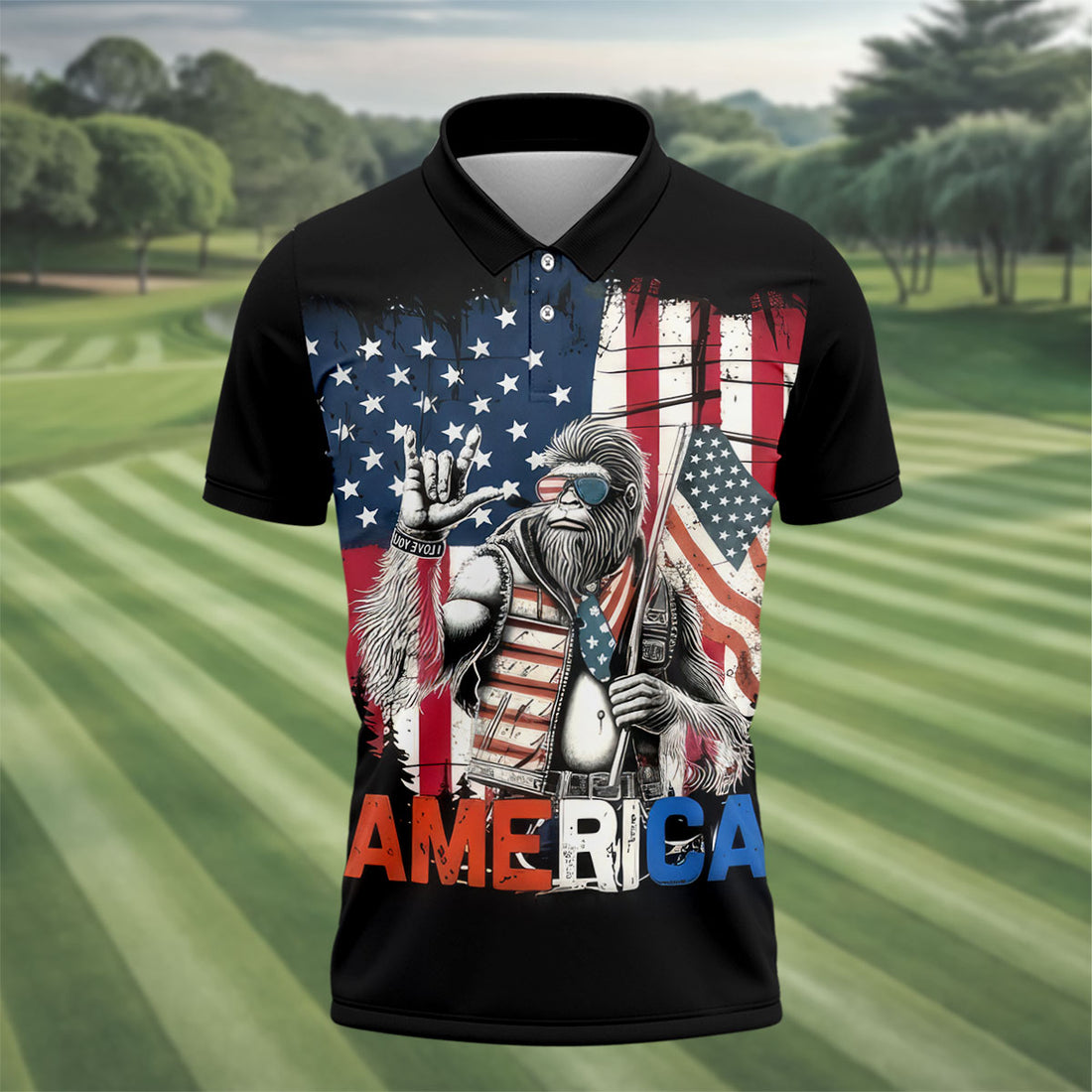 American Flag Bigfoot Patriot Black Hawaiian Golf Shirt, 250th Anniversary Tropical Vibe Men's Golf Shirt