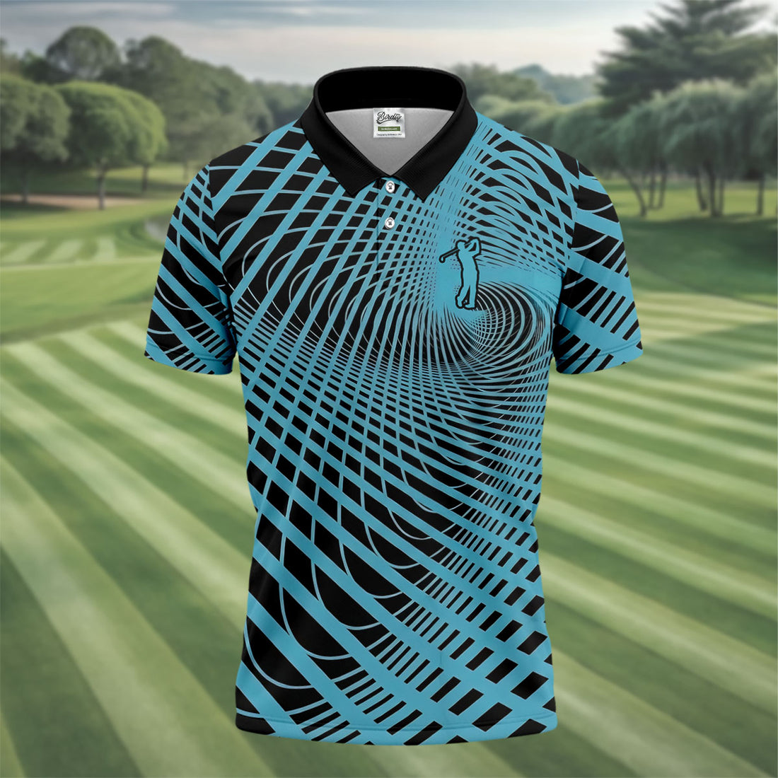 Swirling Vortex Black And Light Blue Golf Shirts For Men, Polo Shirts For Men, Golfing Apparel
