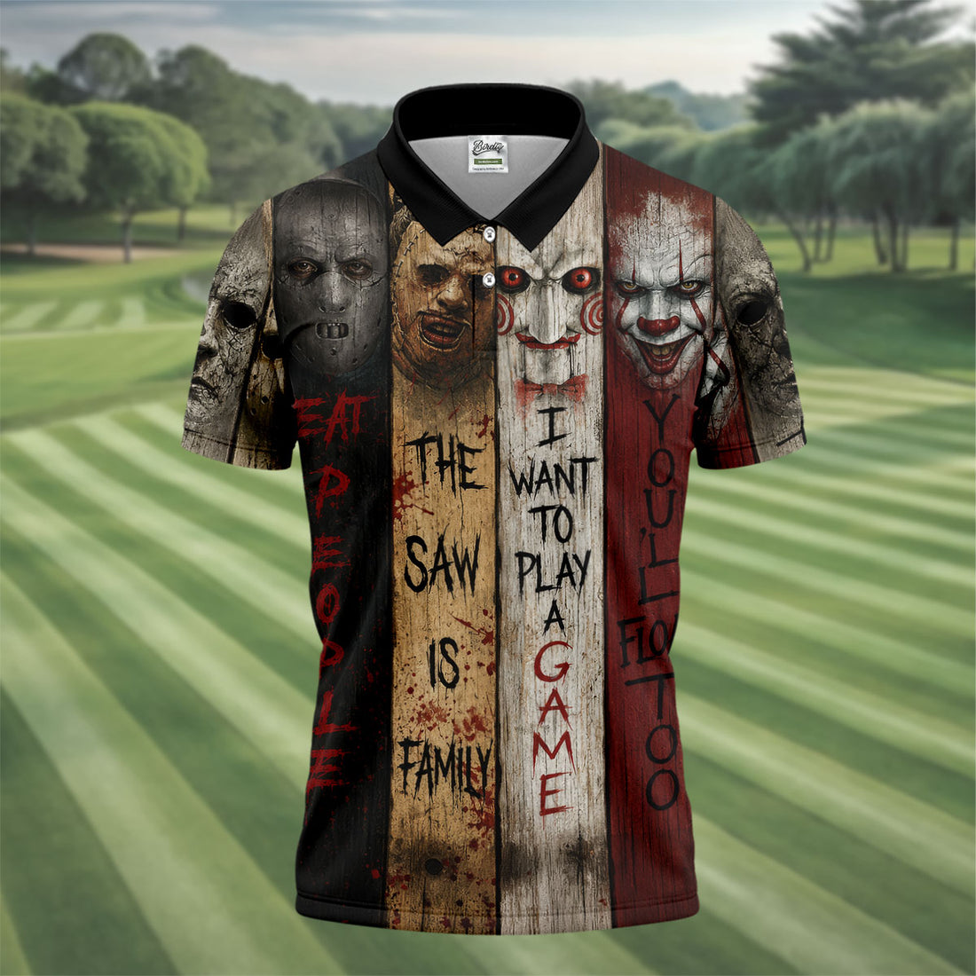 Vintage Wood Panel Horror Character Halloween Golf Shirt, Mens Golf Apparel, Hawaiian Golf Shirt
