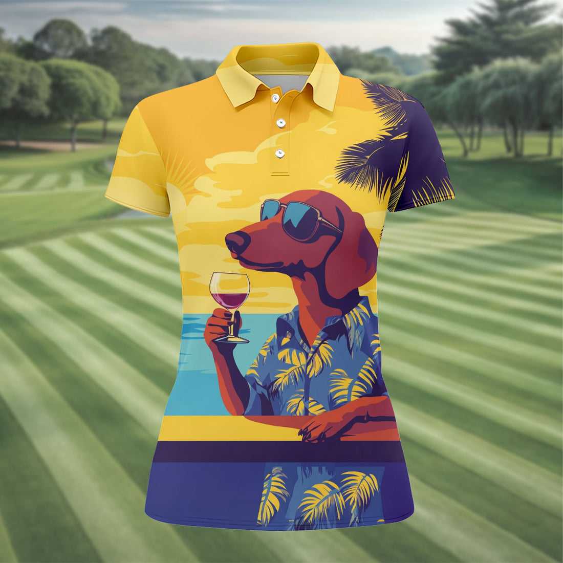 Funny Dachshund Beach Women's Polo Shirt, Hawaiian Golf Polo, Cool Golf Gifts, Unique Gift For Golfer