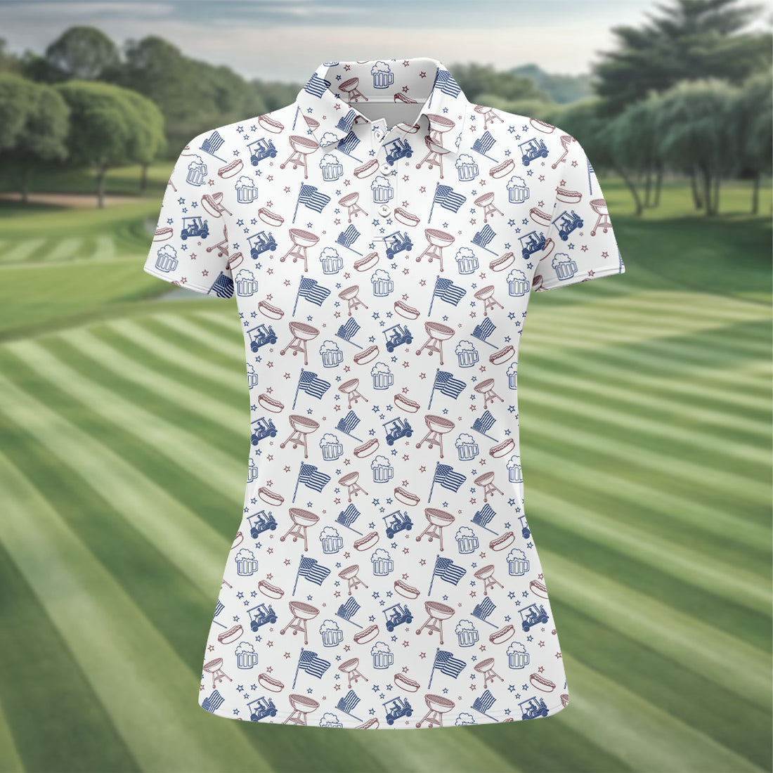 Red White Blue American BBQ Golf And Beer 4th Of July Women Golf Top, 250th Anniversary Patriotic Golf Shirt