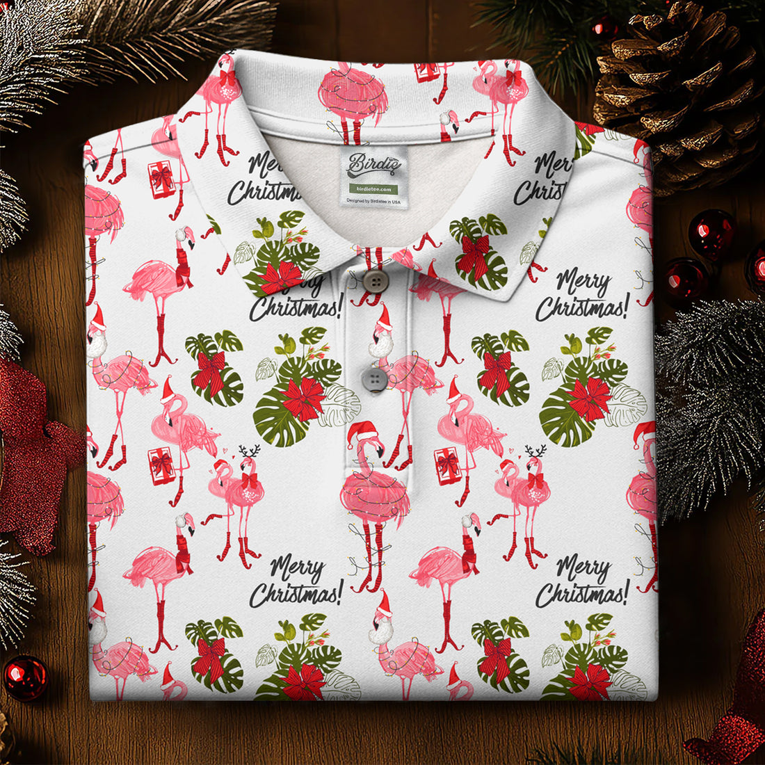 Flamingo Merry Christmas Golf Shirt For Men, Christmas Golf Shirt Polos, Men Golf Apparel
