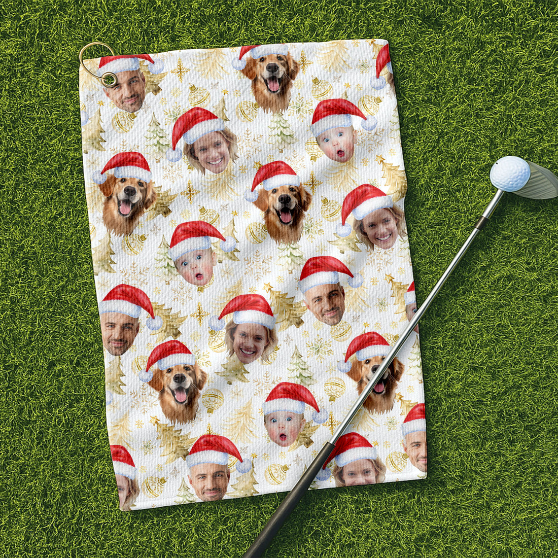 Custom Face Xmas Pattern Golden Print Golf Towels, Christmas Golf Gift, Custom Golf Accessories