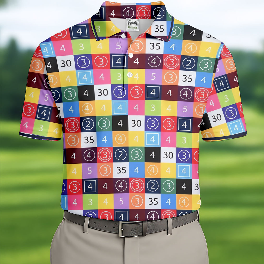 Colorful Golf Scorecard Pattern Polo Shirt, Golf Apparel For Men, Mens Golf Polo