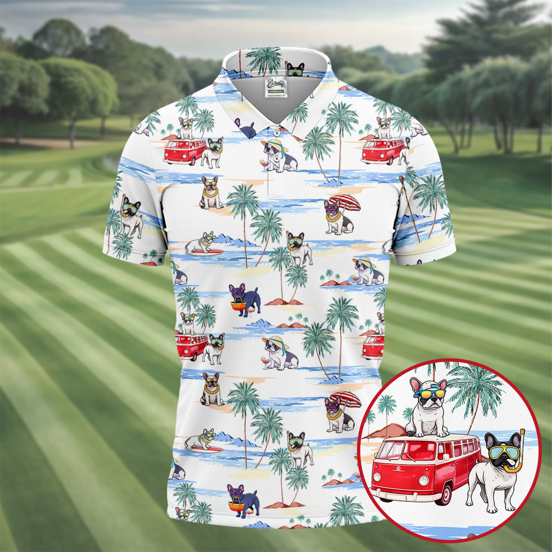 French Bulldog Beach Vacation Hawaiian Golf Polo Shirt, Mens Golf Shirts, Golf Apparel For Men
