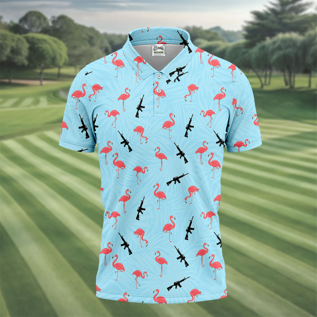 Light Blue Flamingo Pattern Golf Polo Shirt, Men's Golf Shirt, Golf Polo Shirts For Men