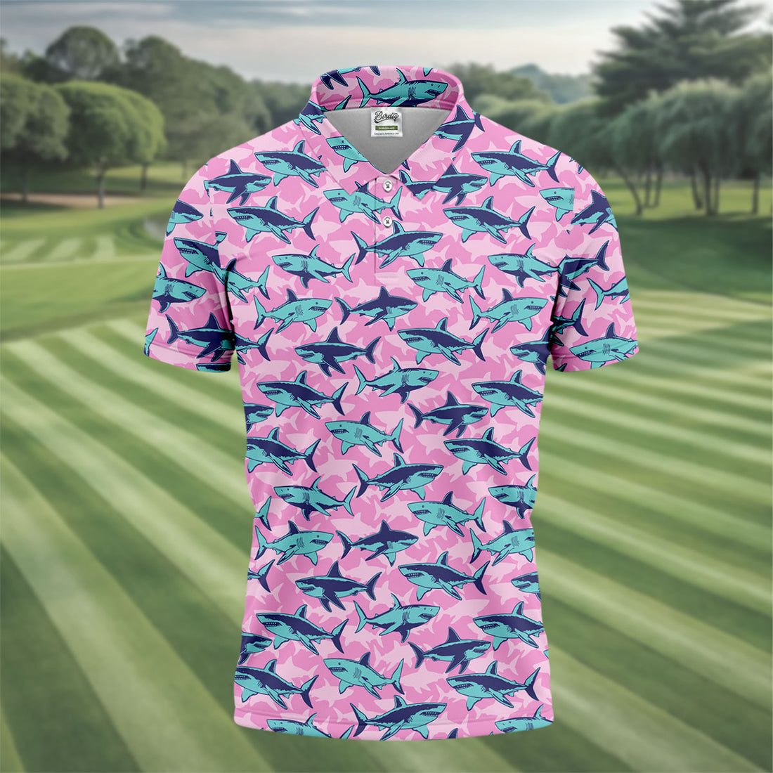 Shark Pattern Hawaiian Golf Shirt, Pink Golf Shirt, Polo Shirts For Men, Golfing Apparel