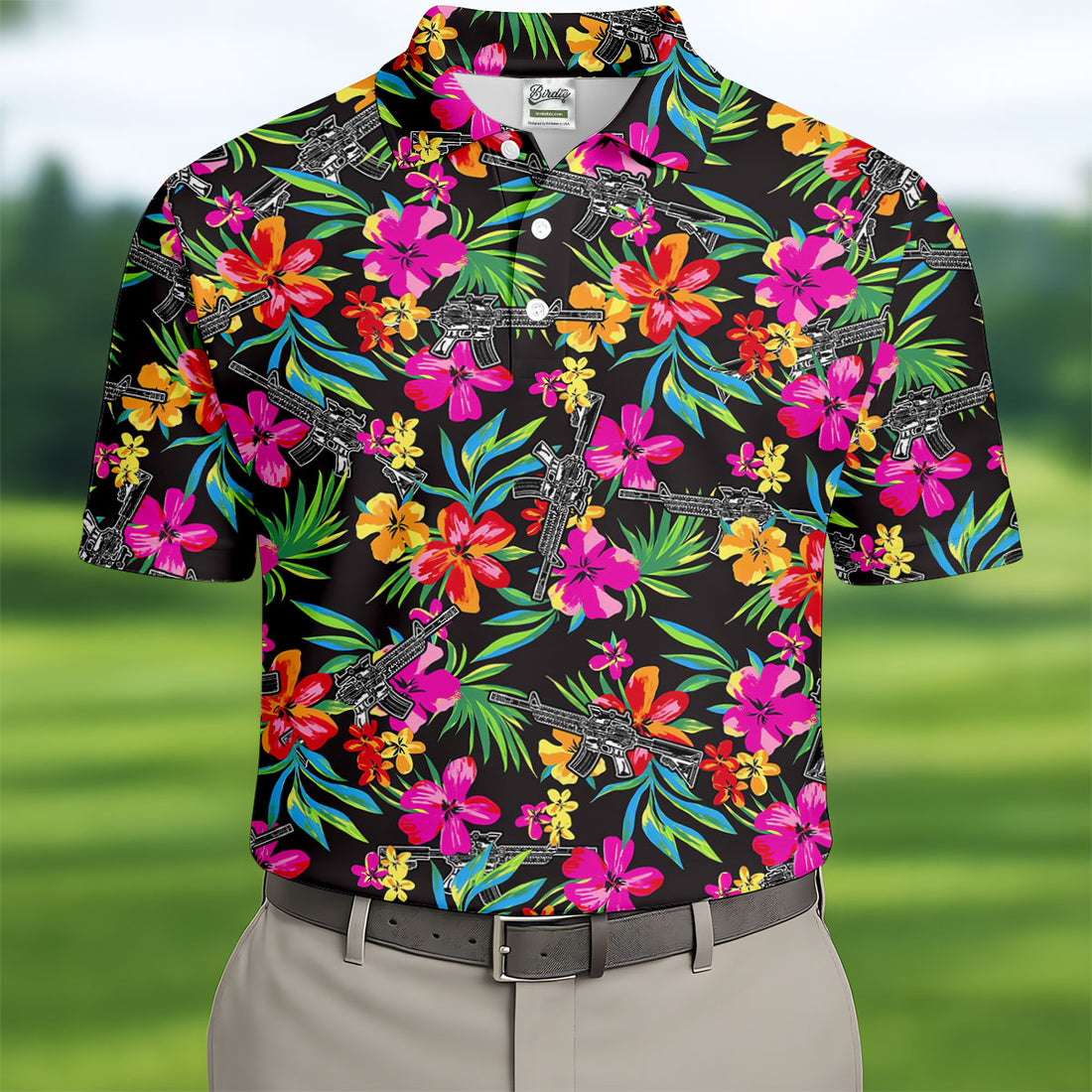 Black Tropical Floral Rifle Pattern Golf Polo Shirt, Men's Golf Shirt, Golf Polo Shirts For Men