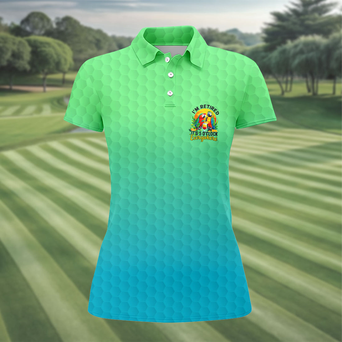 Tropical Retired Parrot Cocktail Golf Polo Shirt, Ladies Golf Shirts, Women's Golf Apparel