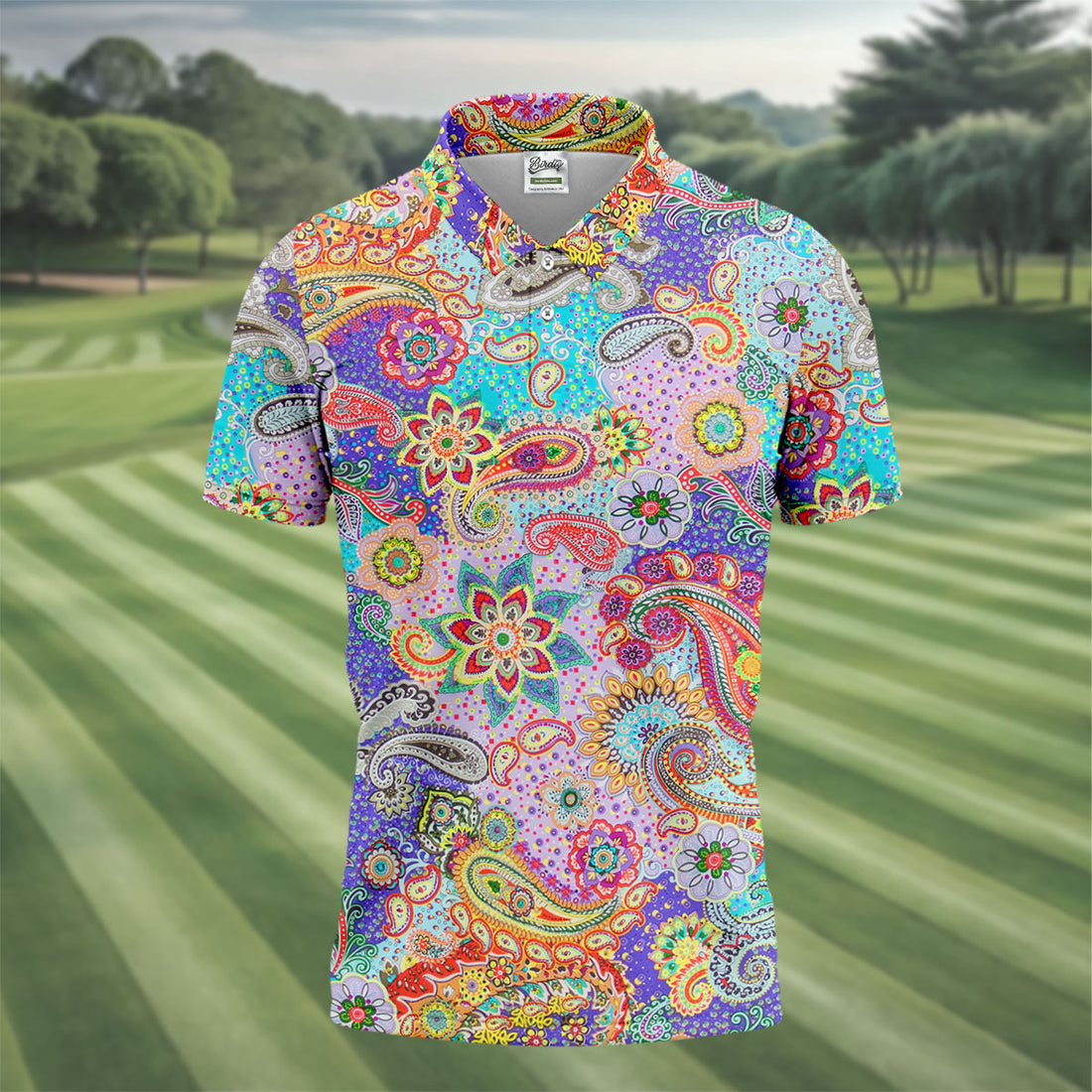 Vibrant Paisley Floral Patchwork Golf Polo Shirt, Hawaiian Golf Shirt, Mens Golf Polo