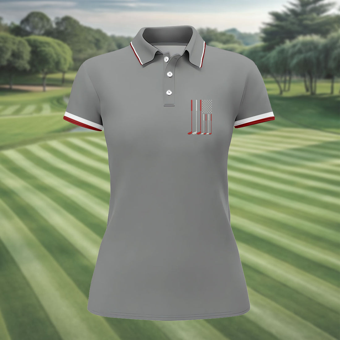 Golf Clubs America Flag Logo 250th Anniversary Grey Golf Shirt, Patriotic Golf Shirt, Women's Golf Tops