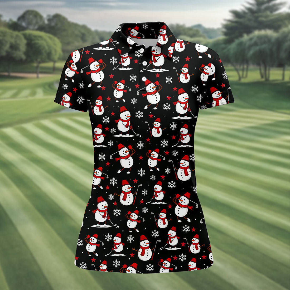 Cute Snowman Golf Pose Black Golf Shirt, Christmas Golf Shirt, Ladies Golf Shirts, Golf Gifts For Women