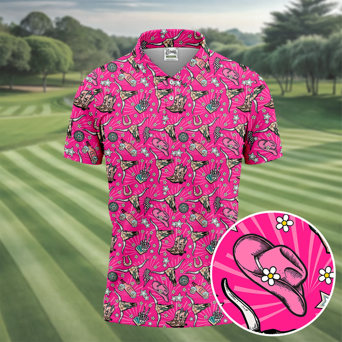 Pink Western Cowgirl Pattern Golf Polo Shirt, Golf Apparel For Men, Printed Golf Shirts
