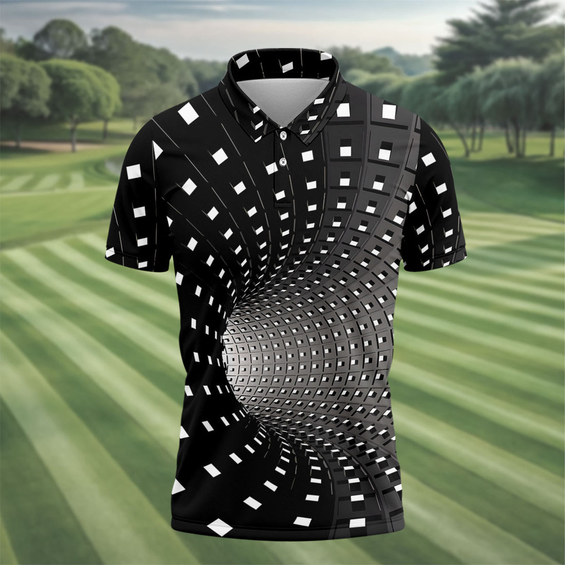 3D Vortex Golf Shirt, Black White Optical Illusion Tunnel Pattern, Golf Shirt For Men