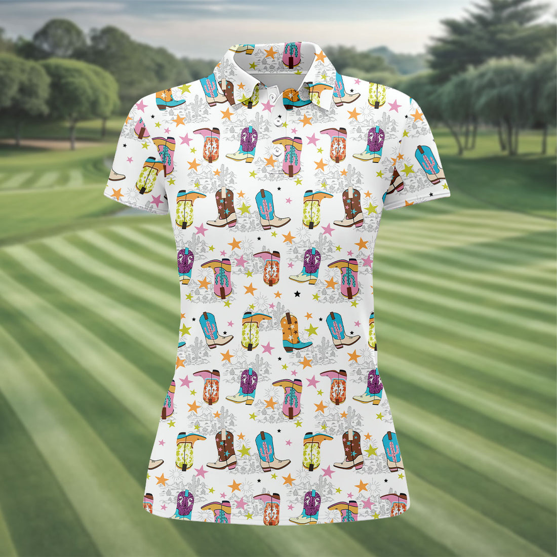 Colorful Western Cowboy Boots Pattern Hawaiian Golf Shirt, Ladies Golf Shirt, Women’s Golf Apparel