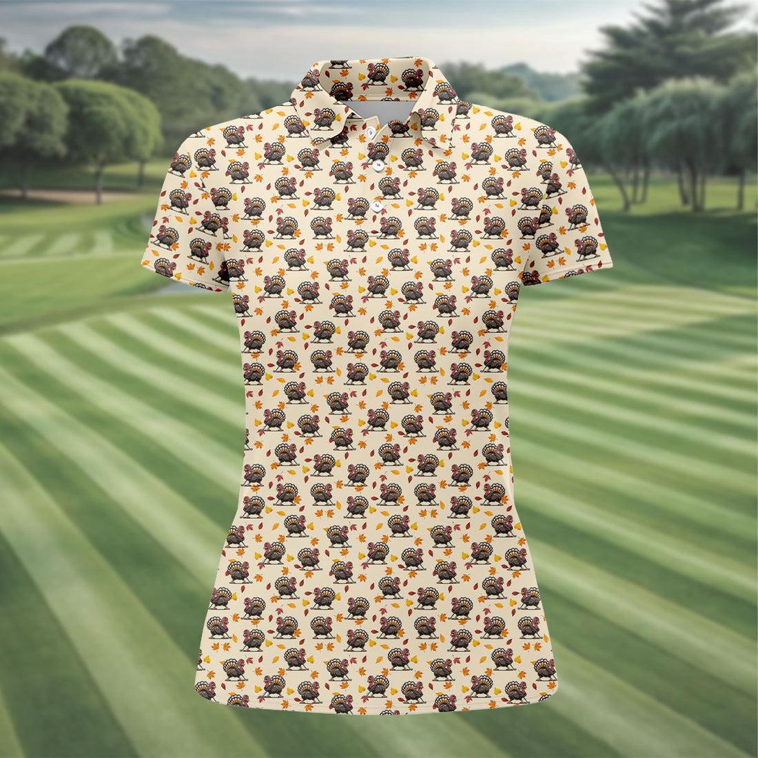 Funny Turkey Golfing Women's Golf Polo Shirt, Fun Womens Golf Shirts, Thanksgiving Golf Shirt