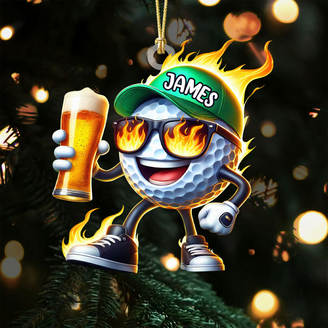 Hot Fire Funny Beer Golf Ball Acrylic Ornament, Golf Xmas Ornaments, Golf Christmas Gifts, Cool Golf Gift